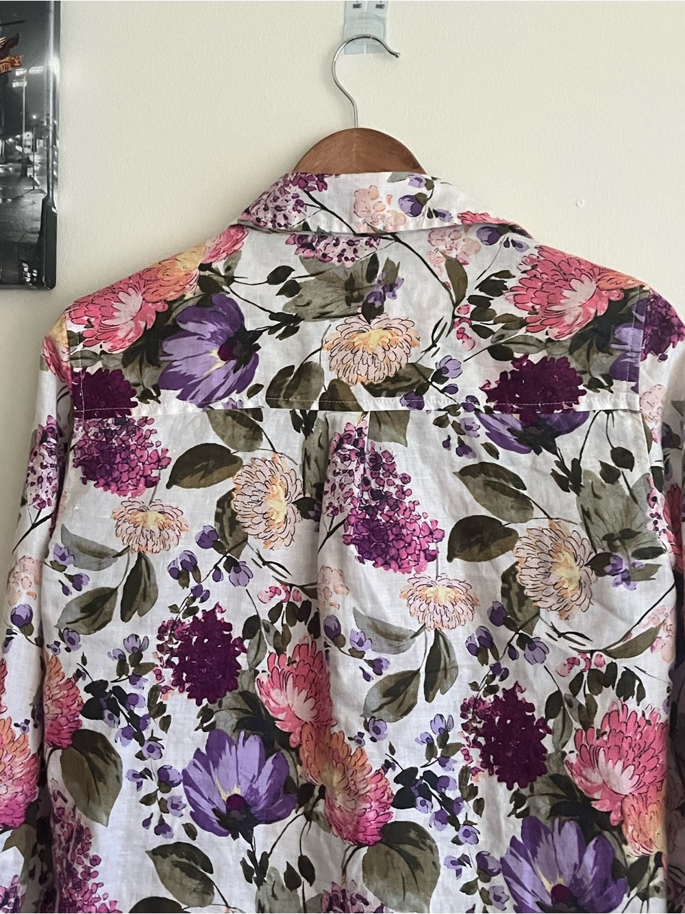 M&S Pure Linen Floral Button-Up — Purple & Pink Bloom- Small PTP 20 inch - Picture 4 of 7